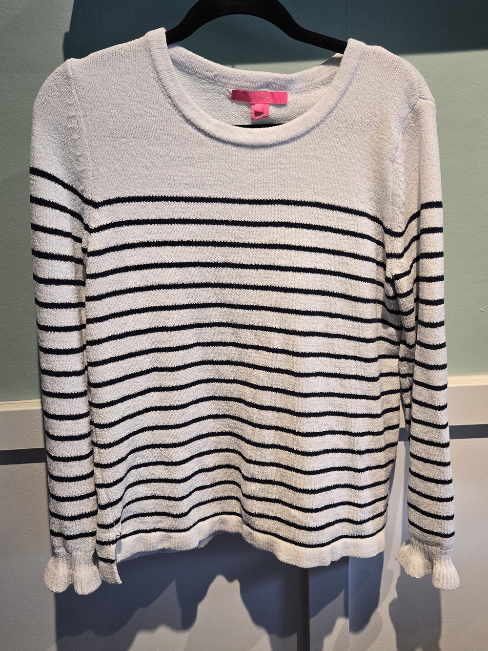 Lilly Pulitzer Black White Striped Sweater Soft Knit Size Large Ruffled Sleeves